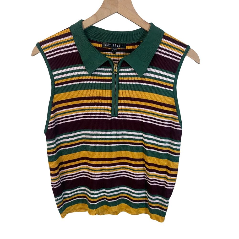 Say What Striped Rib Knit 1/4 Zip Collared Sleeveless Top Multicolor Retro Sz 3X